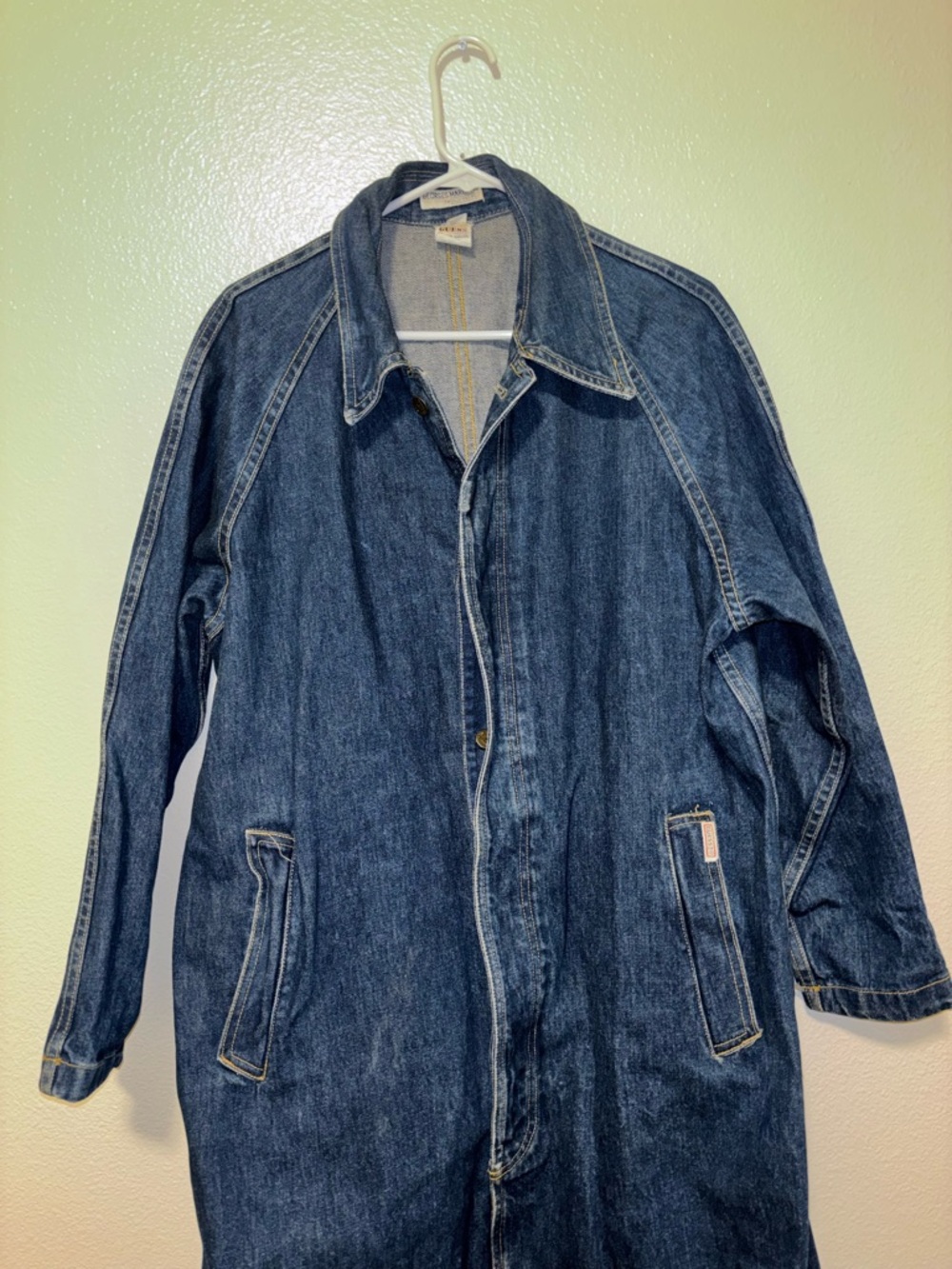 Vintage 80s Georges Marciano GUESS L Oversized Denim Jean Long Coat Jacket - Picture 2 of 15